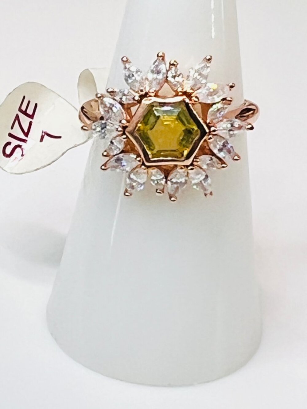 Ring Bomb Party Ring, size 7, topaz color stone, CZ type accents, rose gold c